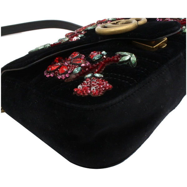 Gucci GG Marmont Floral Gems Mini Velvet Matelasse Embroidered Shoulder Bag Black