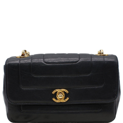 CHANEL Vintage Border Flap Lambskin Shoulder Bag Black
