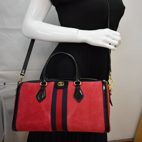GUCCI Ophidia Medium Suede Top Handle Boston Bag Red 524532