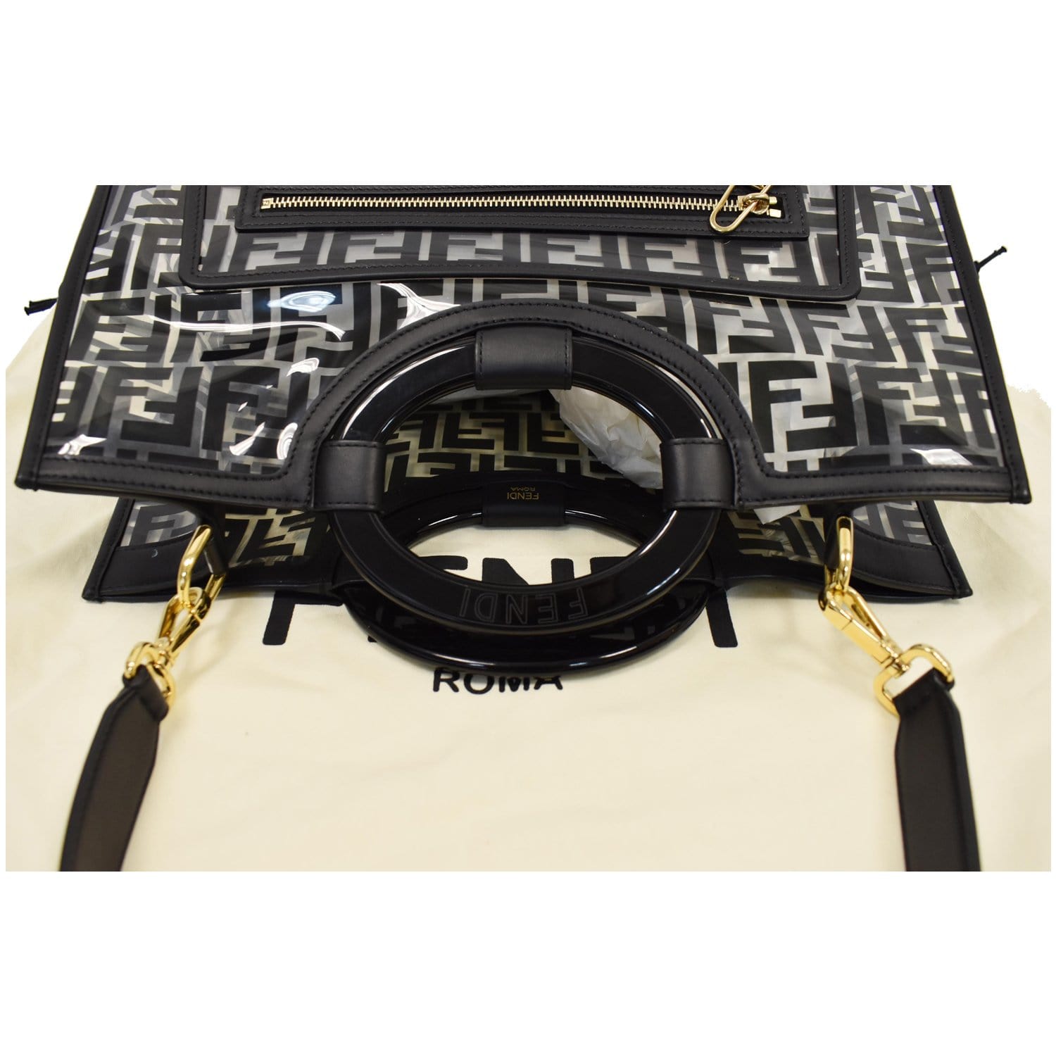 FENDI Runaway Shopper Medium TPU FF Leather Tote Bag Black