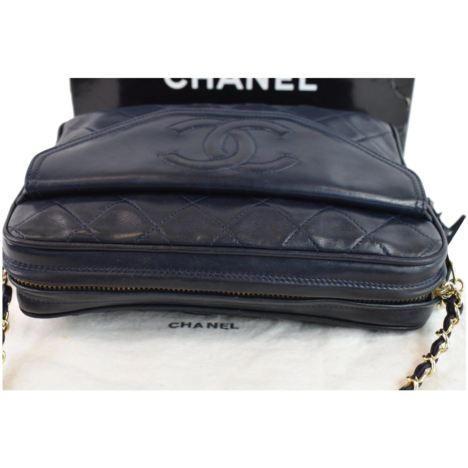 Chanel 28cm Navy Lambskin Triple CC Fringe Camera Shoulder Bag For Sale at  1stDibs