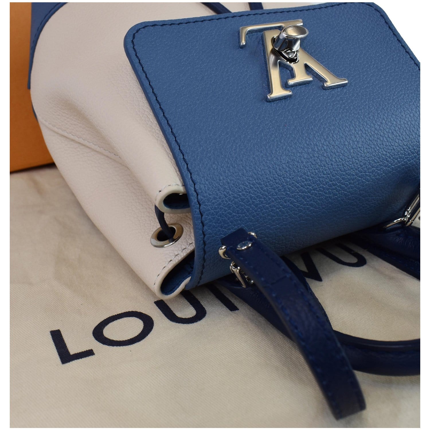 e louis vuitton lockme backpack LOUIS VUITTON Lockme Calfskin Leather Backpack Blue/Beige
