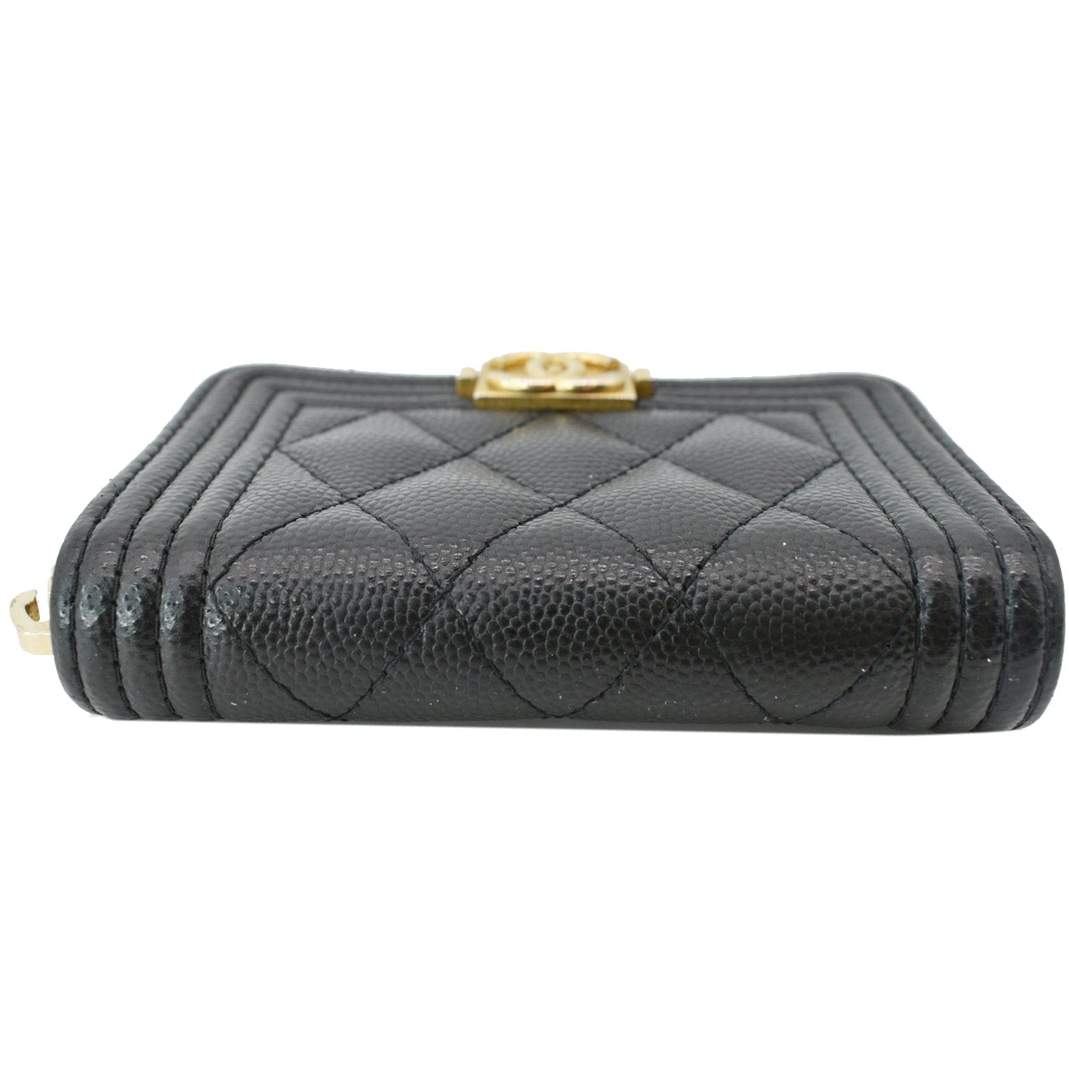 CHANEL Metallic Calfskin Quilted Small Boy Zip Around Wallet Charcoal |  FASHIONPHILE
