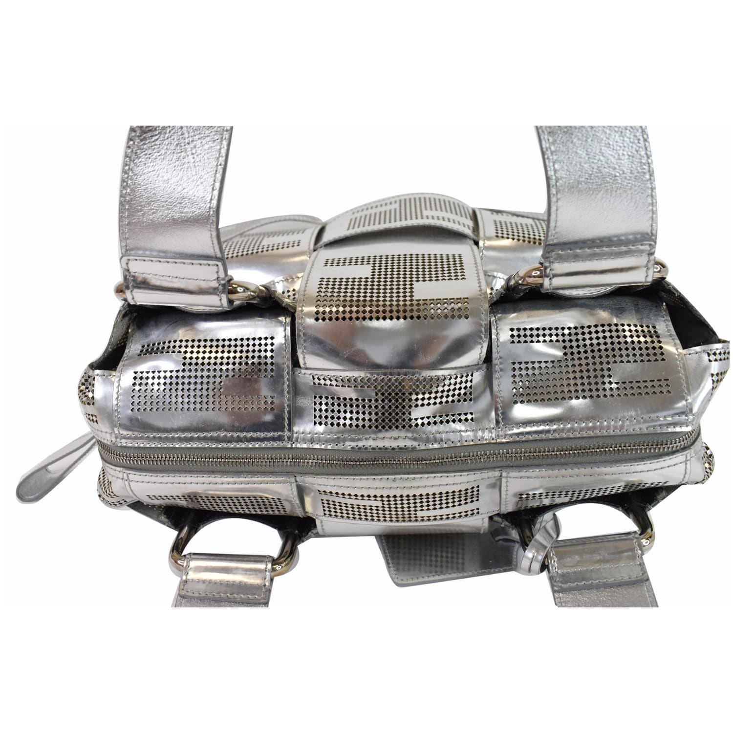 藤井フミヤ　FF Cutout bag「Silver Cage」 Fendi Silver Metallic Leather Woven Crossword Bag - 8BR568