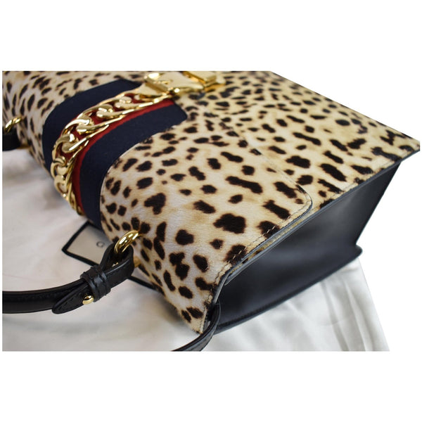 GUCCI Leopard Print Sylvie Medium Calf Hair Top Handle Bag Beige 431665
