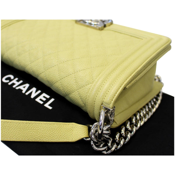 Chanel Medium Boy Flap Bag Caviar Quilted Leather Yellow corner view