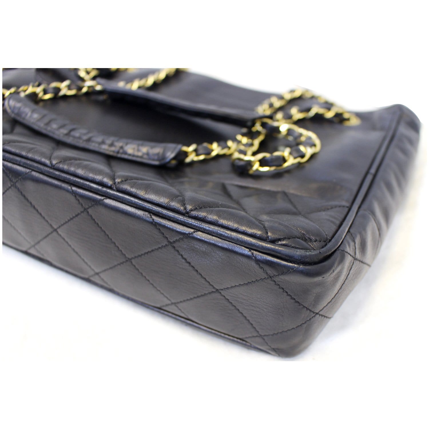 Vintage Bag  CHANEL CC Logo Quilted Camera Shoulder Bag Purse Lambskin  Leather 80's 90's Navy Blue Gold