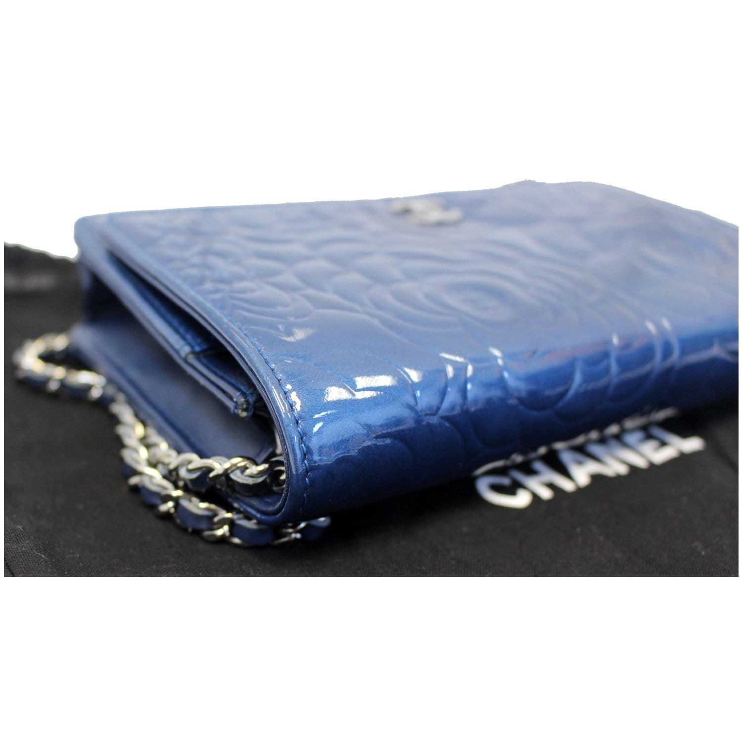 CHANEL Camellia Patent Leather Wallet on Chain WOC Royal Blue