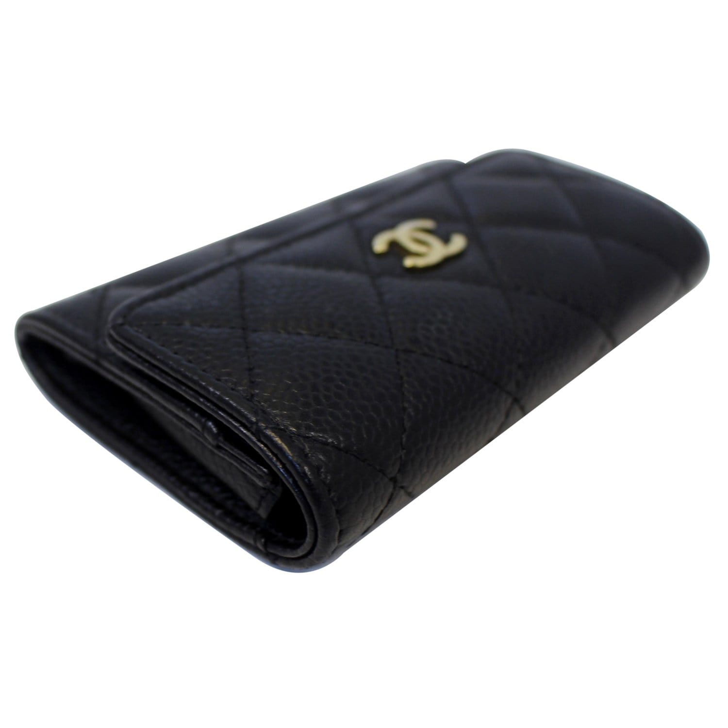 CHANEL Rhombus Caviar Leather Card Case Gold Buckle Card Holder Black