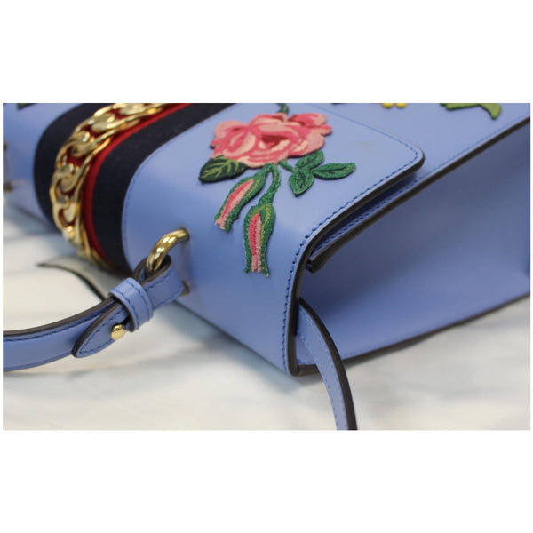 GUCCI Sylvie Embroidered Leather Medium Top Handle Bag Blue 431665