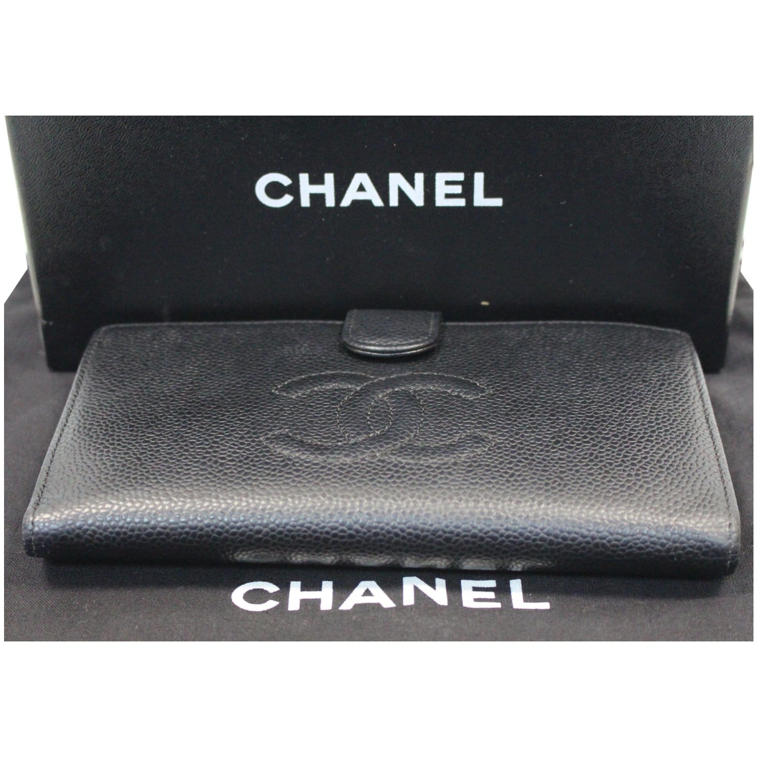 CHANEL Authentic Black Caviar Leather Long Wallet Made in France