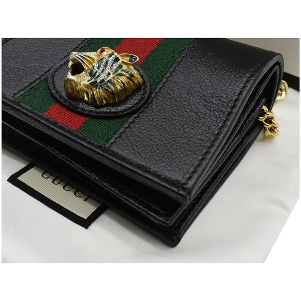 Gucci Rajah Web Leather Card Case Chain Wallet Black