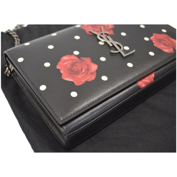 YVES SAINT LAURENT Kate Monogram Polka Rose Print Leather Chain Wallet Black - Final Sale