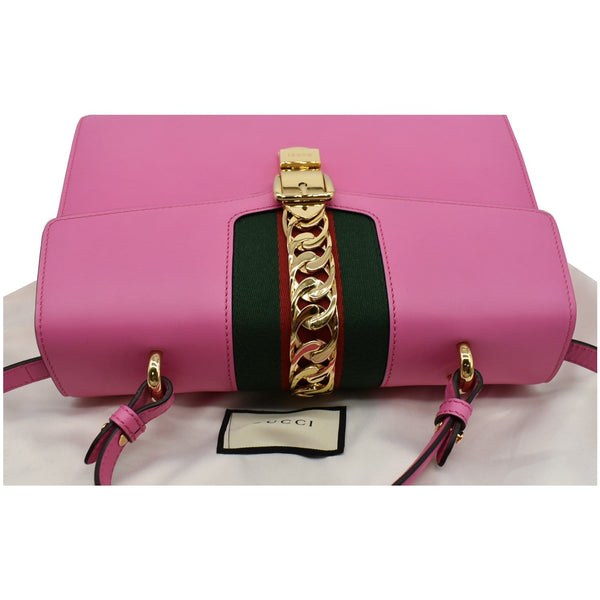 GUCCI Sylvie Medium Web Smooth Leather Top Handle Shoulder Bag Pink 431665