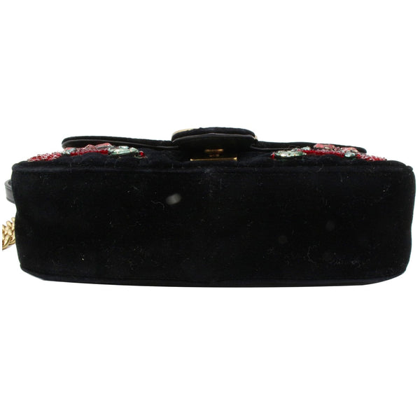 Gucci GG Marmont Floral Gems Mini Velvet Matelasse Embroidered Shoulder Bag Black