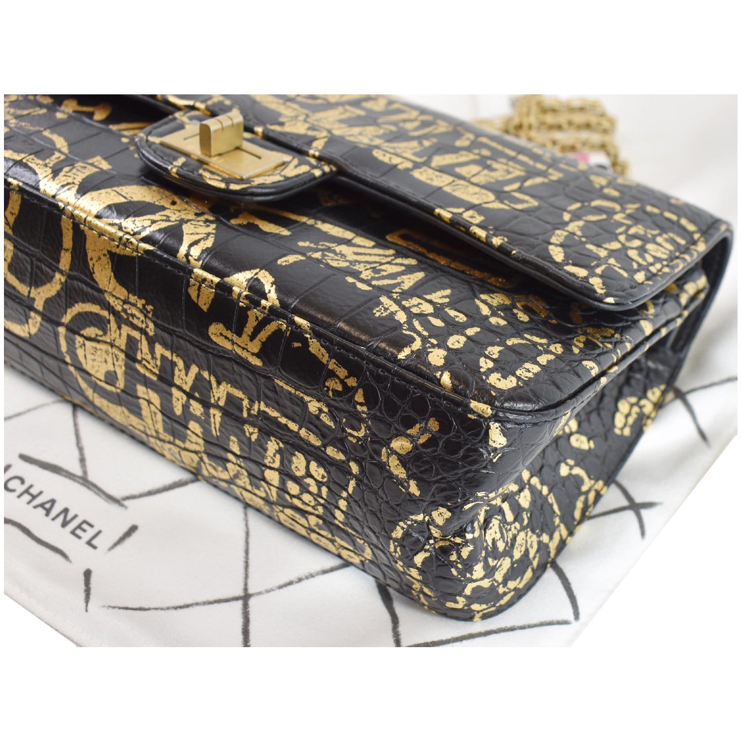 Black and Gold Graffiti Crocodile Embossed Calfskin 2.55 Reissue 224 Flap  Bag Gold Hardware, 2019
