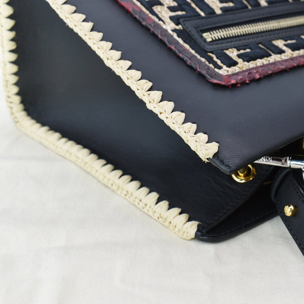 FENDI Raffia Embroidered Python Leather Shoulder Bag Black