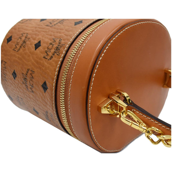 MCM Small Cylinder Visetos Monogram Leather Crossbody Bag Cognac