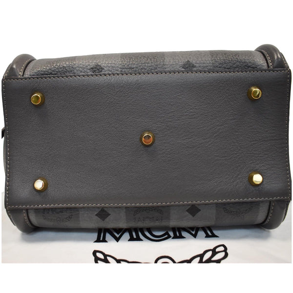 MCM Kathy Visetos Logo Printed Leather Tote Shoulder Bag Grey