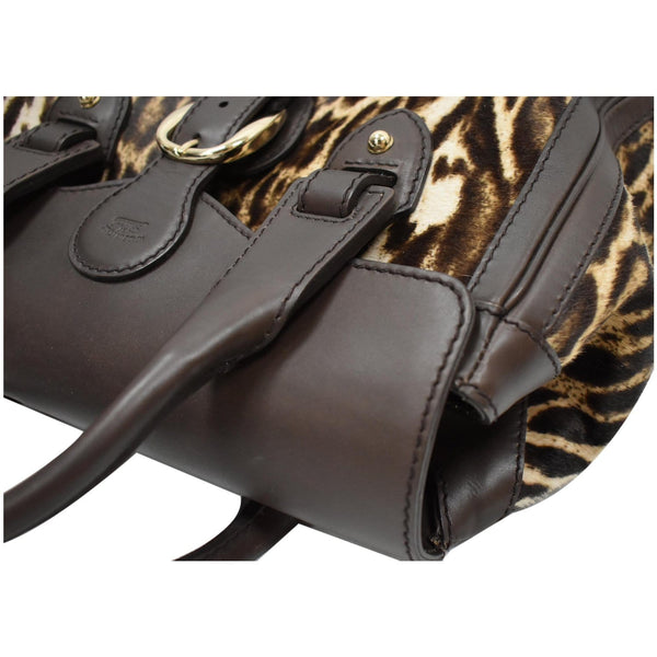 GUCCI Heritage Medium Pony Hair Leopard Print Leather Boston Bag Brown