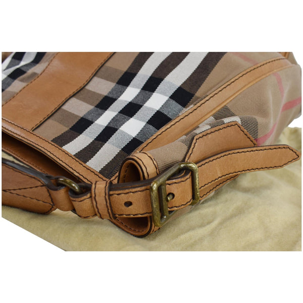 BURBERRY House Check Leather Hobo Bag Brown