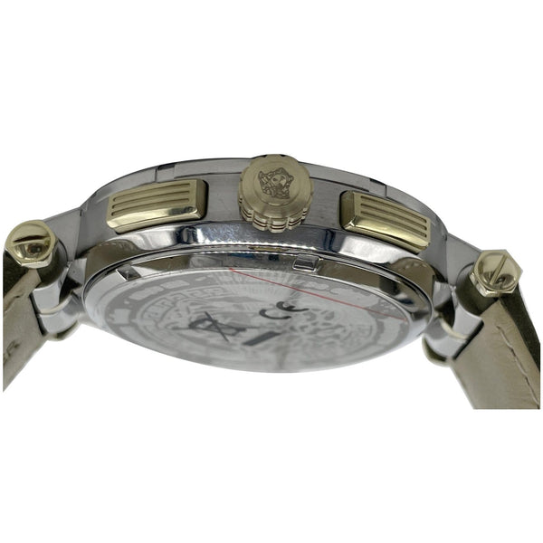 VERSACE Greca Chronograph Leather Date Watch Silver Dial 45MM