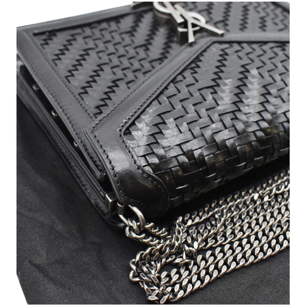 YVES SAINT LAURENT Cassandra Medium Woven Leather Chain Shoulder Bag Black