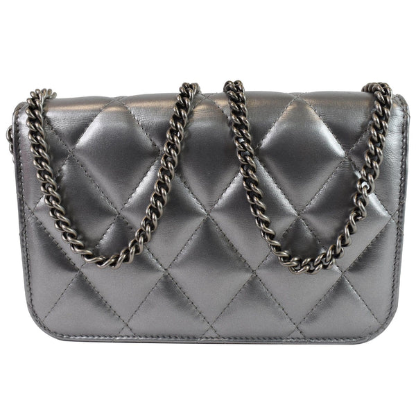BALENCIAGA B Quilted Leather Wallet On Chain Crossbody Bag Silver - Last Call