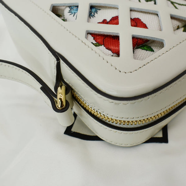 GUCCI Cutout Floral Canval Leather Shoulder Bag 550132 White