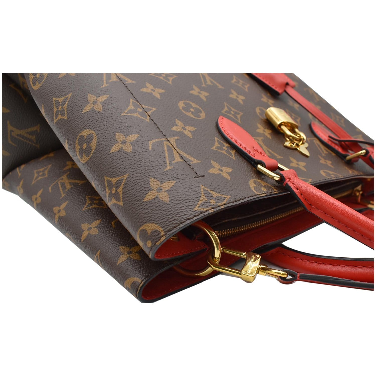 Red Leather And Brown Monogram Coated Canvas Flower Tote Gold