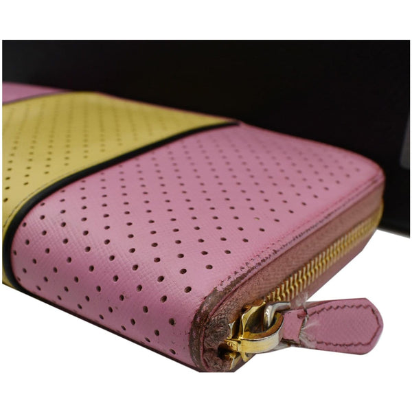 PRADA Striped Perforated Saffiano Leather Zip Around Wallet Pink/Yellow