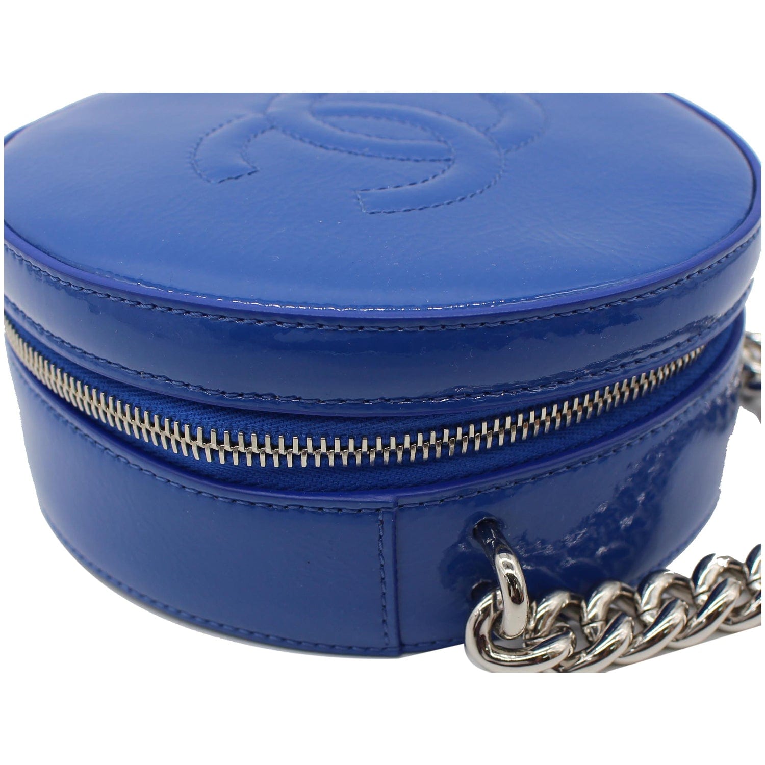 CHANEL Round as Earth Patent Leather Crossbody Bag Blue