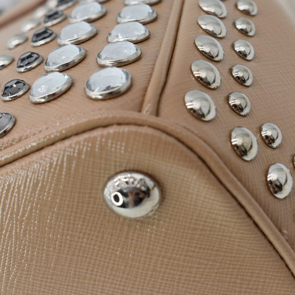 PRADA Women Vernice Crystal Studded Saffiano Leather Top Handle Shoulder Bag Beige