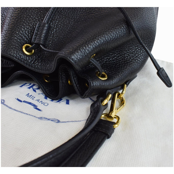 PRADA Logo Drawstring Leather Bucket Shoulder Bag Black