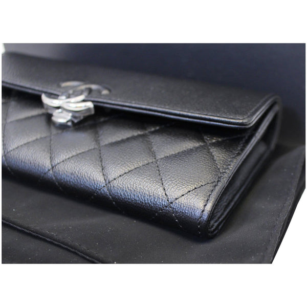 CHANEL Grained Leather Long Flap Wallet Silver-Tone Metal