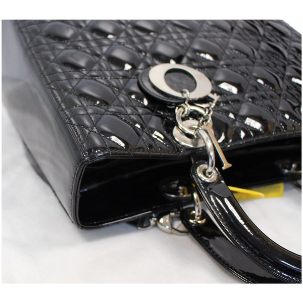 CHRISTIAN DIOR Lady Dior Large Quilted Patent Leather Shoulder Bag Black