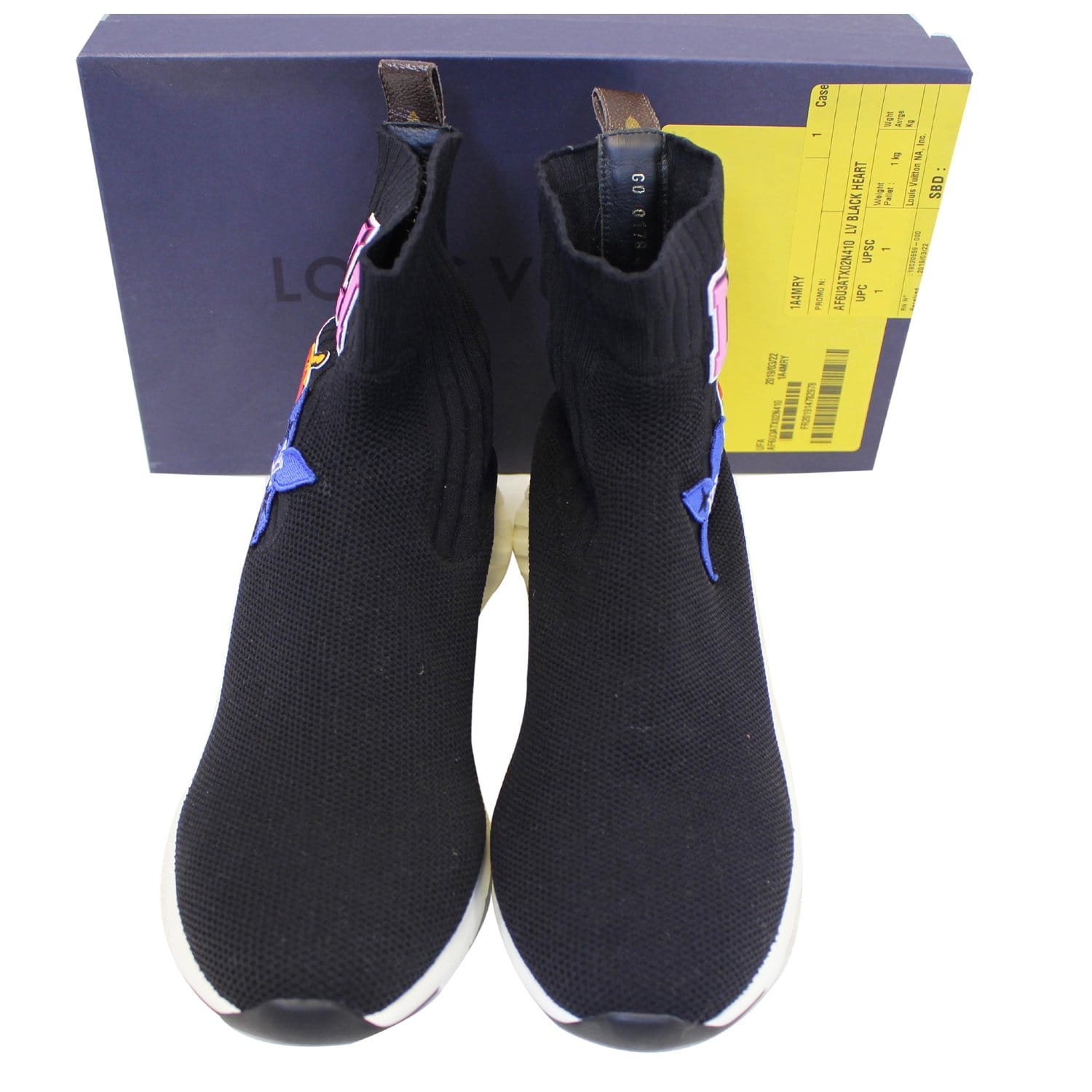 Louis Vuitton Black, Pattern Print Black Heart Sock Sneakers It 38 | 8