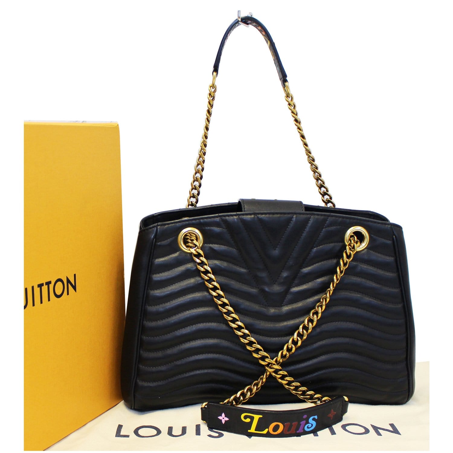 LOUIS VUITTON New Wave Chain Tote Bag Black Quilted Calfskin Leather M51496