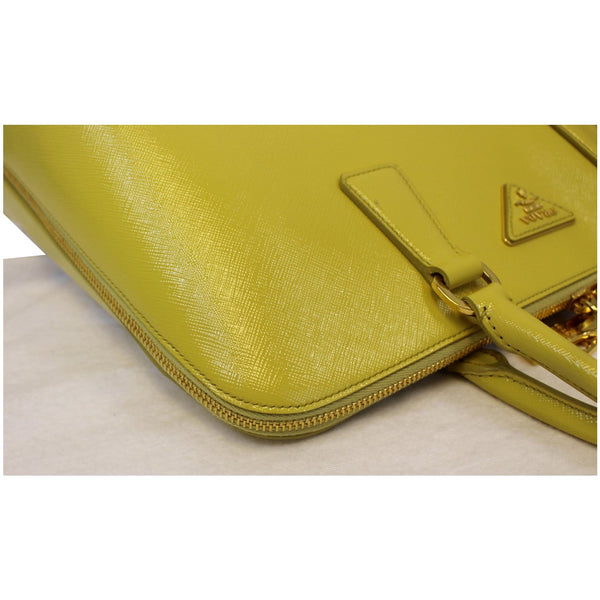Prada Saffiano Lux Leather Top Handle Satchel Bag Yellow corner 