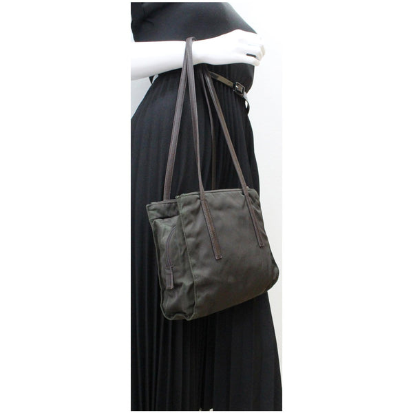 Prada Nylon Tote Shoulder Handbag Dark Green