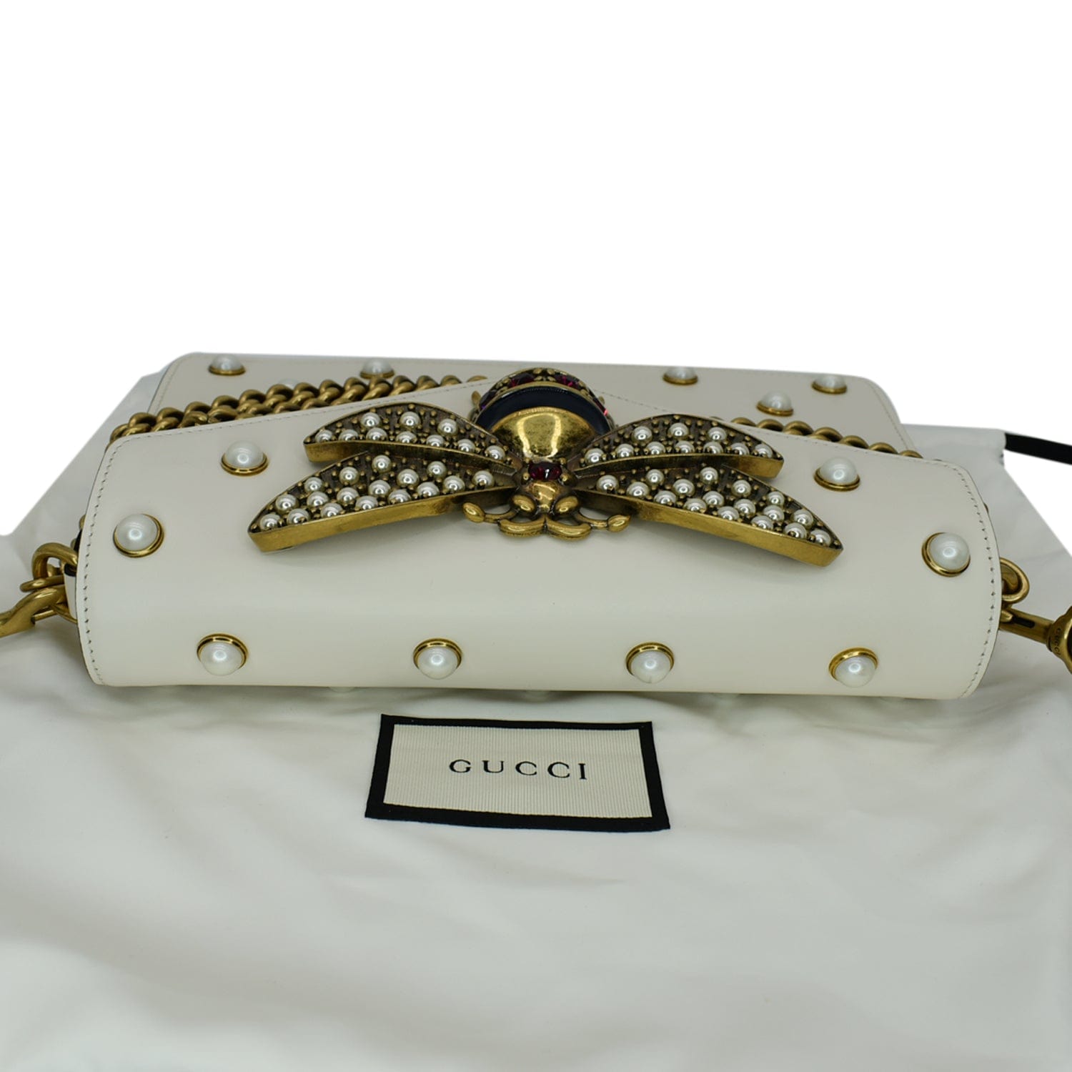 Gucci, Broadway Queen Margaret Pearls Bee Handbag White Leather Cross B