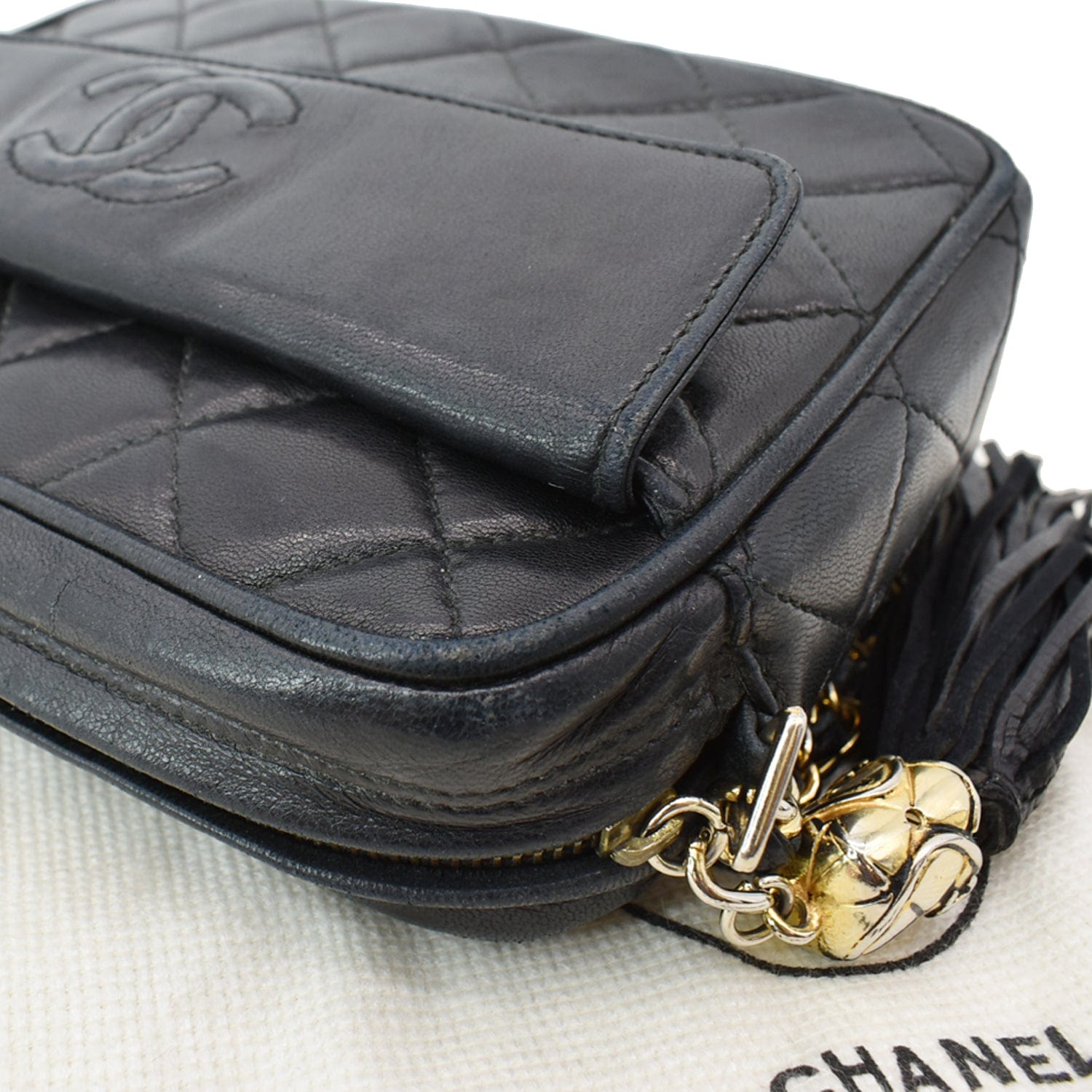 CHANEL Vintage Lambskin Leather Camera Shoulder Bag Black