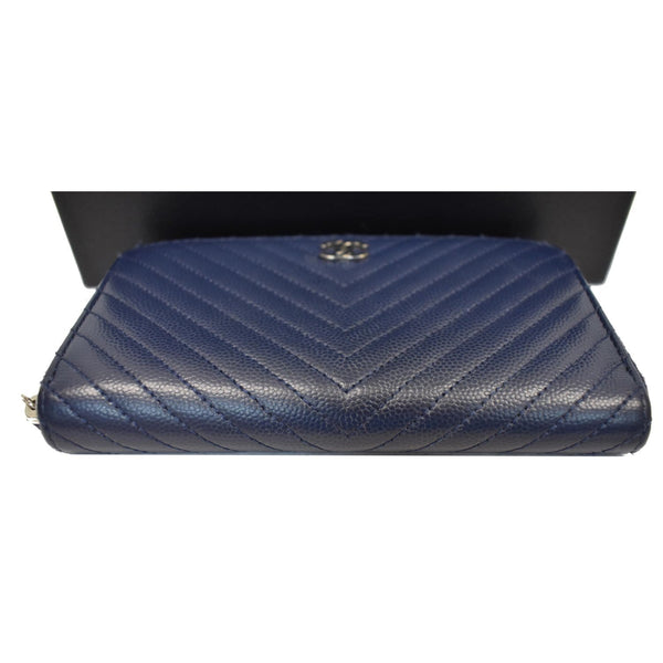 CHANEL Large Gusset Caviar Chevron Quilted Zip Around Wallet Bright Blue