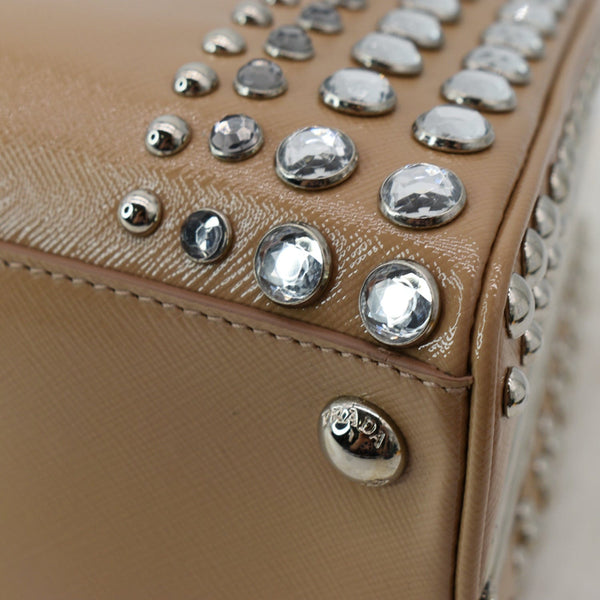 PRADA Vernice Crystal Small Frame Studded Saffiano Leather Top Handle Bag Beige