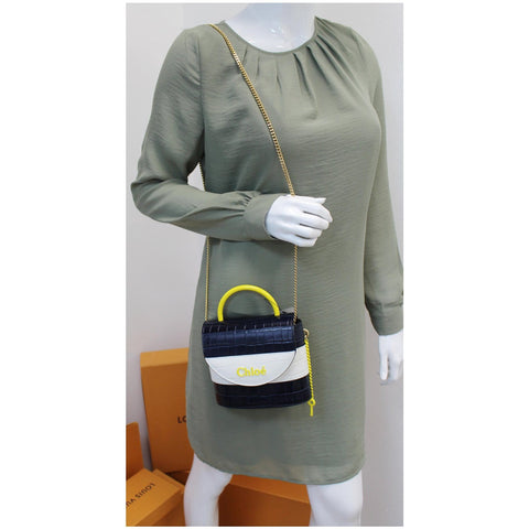 CHLOE Aby Lock Small Embossed/Calfskin Leather Chain Shoulder Bag Navy Blue