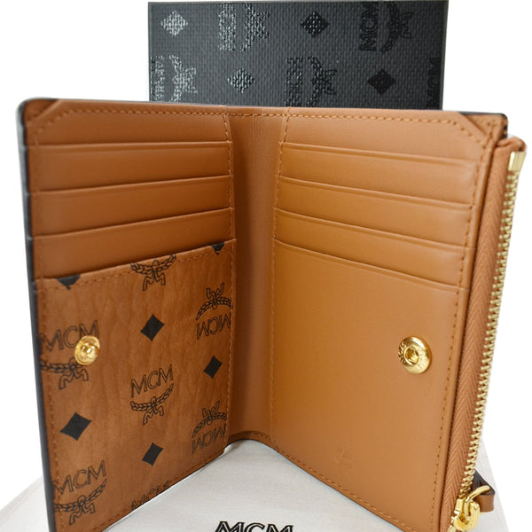 MCM Bifold Visetos Leather Zip Card Wallet Cognac