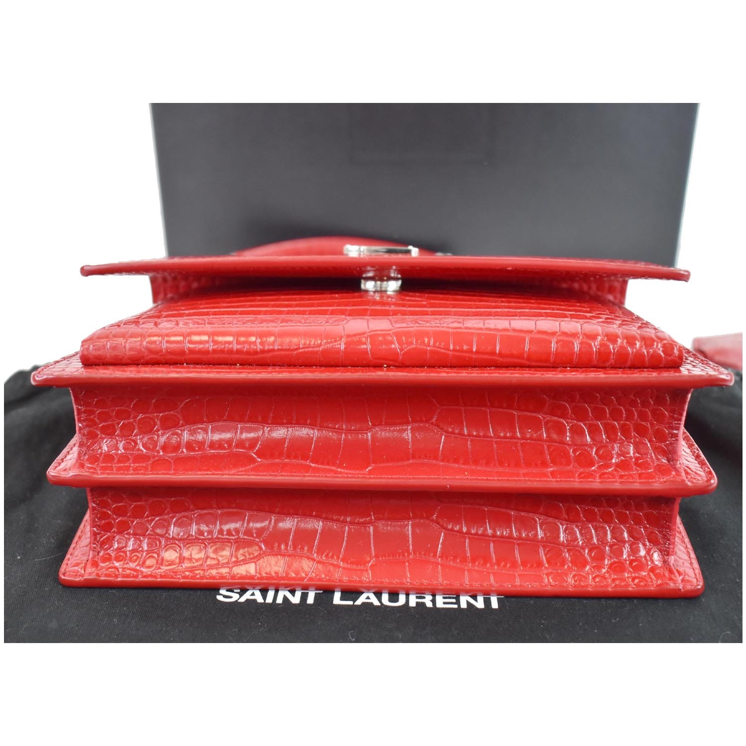At Auction: Saint Laurent Sunset Crossbody Bag Crocodile Embossed Leather  Medium Red