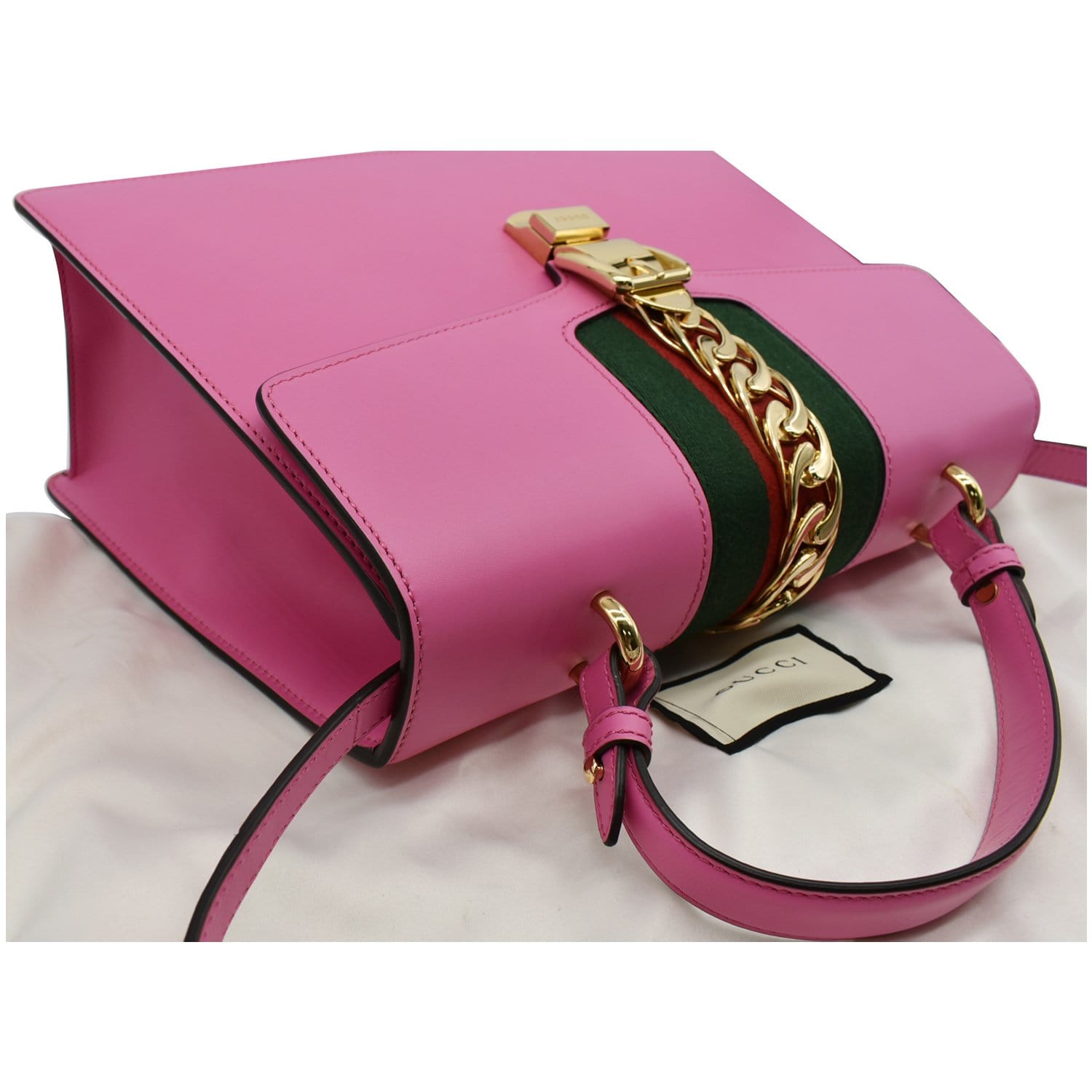 GUCCI Sylvie Medium Web Smooth Leather Top Handle Shoulder Bag Pink 43