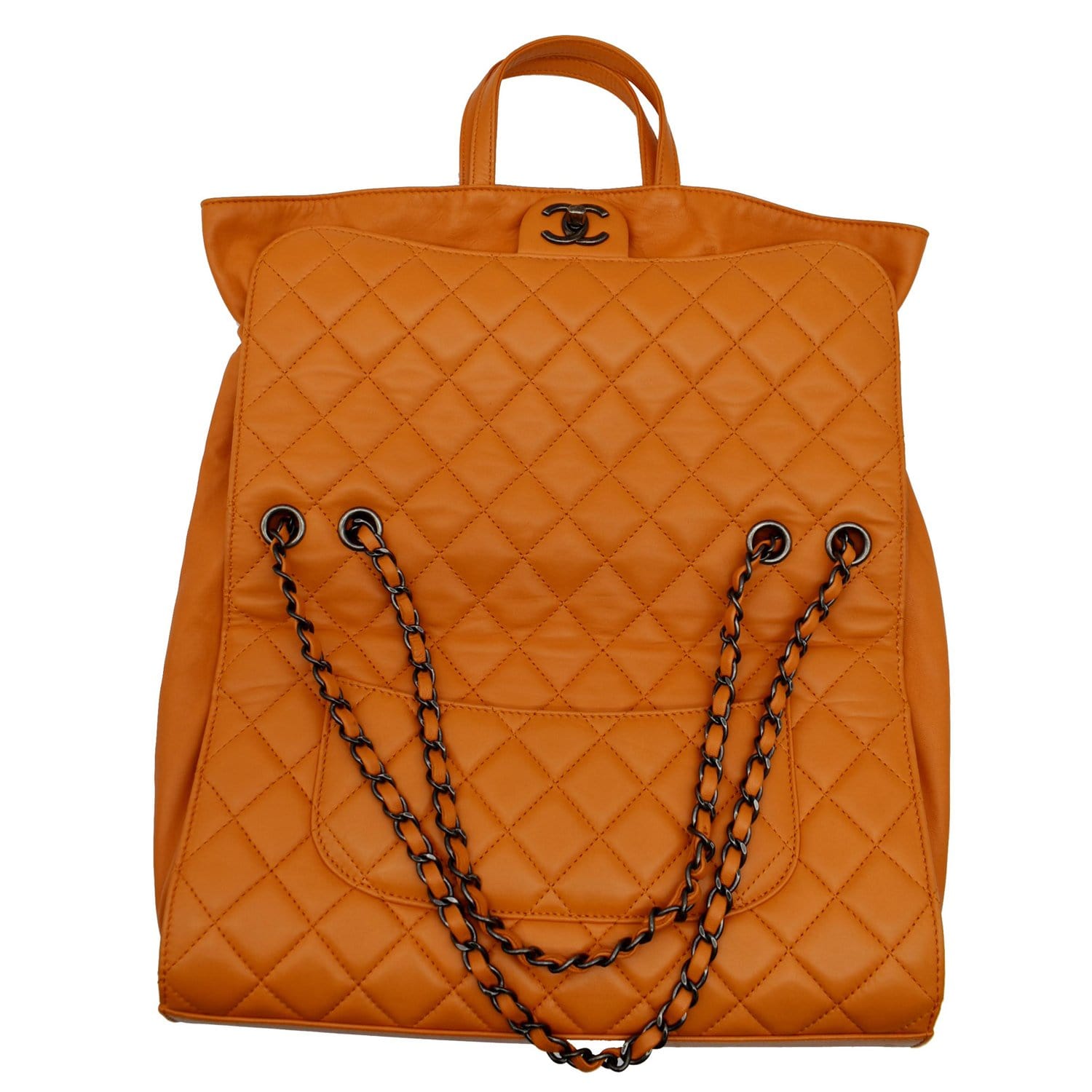 Chanel Vintage Olsen CC Chain Shoulder Bag Canvas and Leather Medium Orange