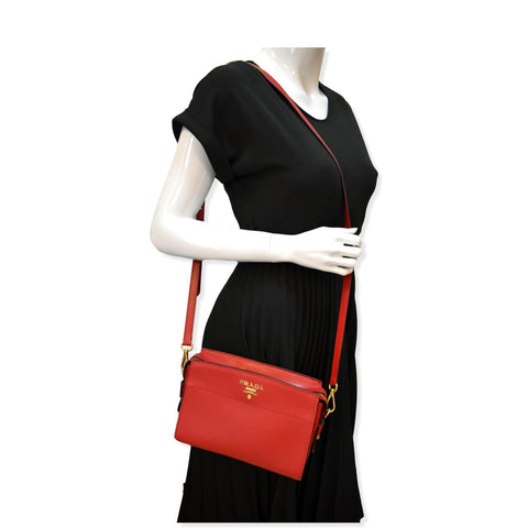 PRADA Saffiano City Calfskin Esplanade Crossbody Bag Red